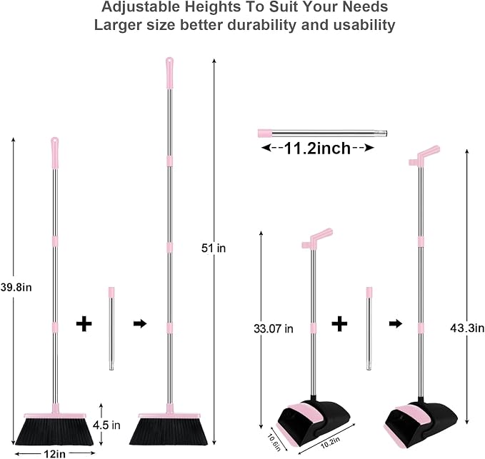 Pink Broom with Dustpan Combo Set, 51" Long Handle Household Cleaning Tool, Ideal Broom and Dustpan Set for Pet Hair and Home Use