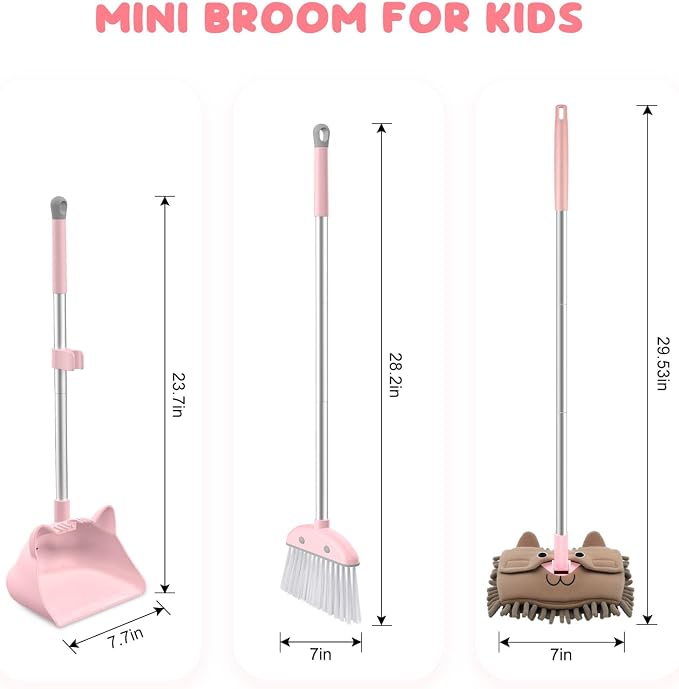 nacena Mini Broom with Dustpan & Mop for Kids, 28-in Handle Kids Brooms and Dustpan Set for Toddlers Cat-Shaped Children Broom and Cleaning Set Boys Girls Small Housekeeping Helper Sets, Pink