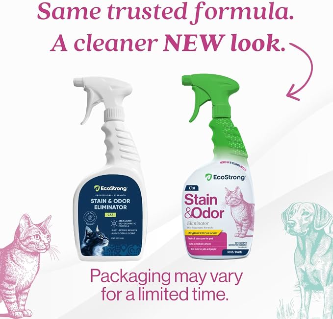 Eco Strong Cat Stain And Odor Remover | Enzyme Urine Odor Neutralizer - Stain Remover for Carpet, Litter Boxes, Bedding, and Laundry [Citrus Scent, 32 oz. Spray]