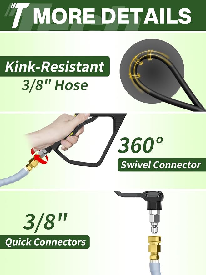 3/8" 4800PSI Pressure Washer Hose 100FT Swivel Quick Connect | Power Washer Hose for Cold/Hot Water Max 248°F, Kink Resistant Steel Wire Braided, Wear Resistant with M22 14mm Adapter
