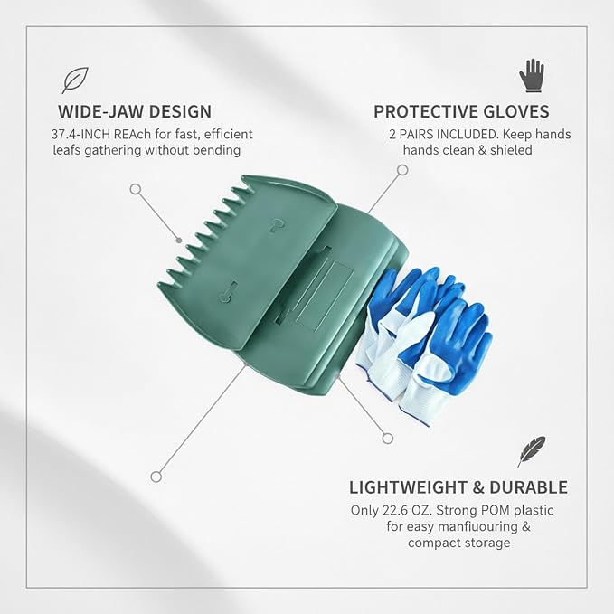 Leaf Scoops with Gloves, Wide Jaw Yard Cleanup Tool, Durable POM Plastic Rake Alternative for Lawn and Garden Debris