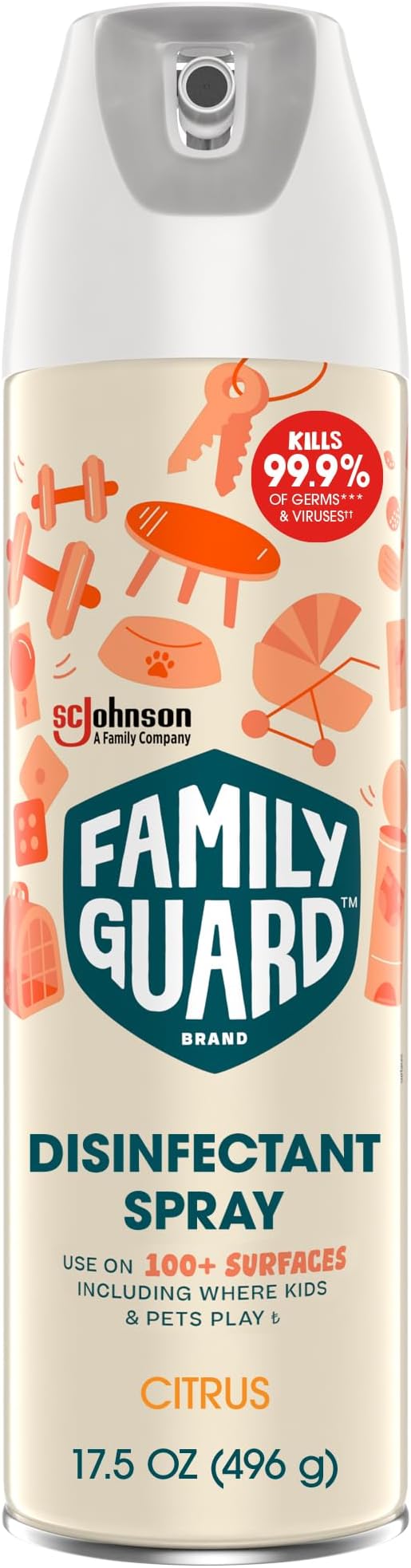 FamilyGuard Disinfectant Spray Aerosol, Antibacterial & Sanitizing Spray, Use on 100+ surfaces including where kids & pets play, Citrus Scent, 17.5 oz (Pack of 1)