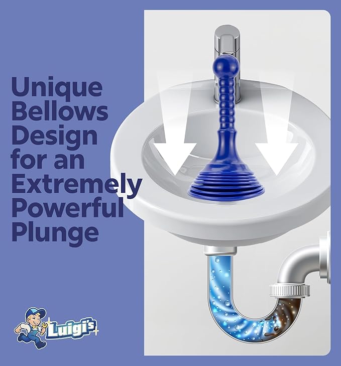 Luigi's Sink Plunger Kitchen - Sink Plunger Bathroom - Drain Bathtub or Shower - Small and Powerful Clog Remover - Commercial Style "Plumbers Plungers" with Large Bellows - Blue - Small