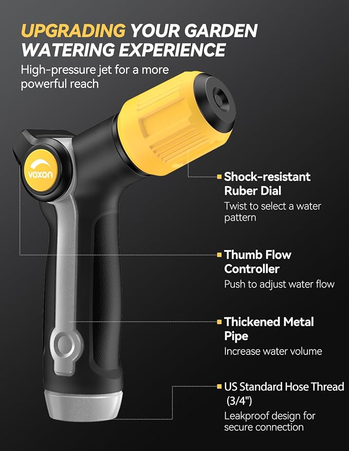 VOXON Garden Hose Nozzle with High Pressure Jet, 100% Heavy Duty Metal | Zinc Alloy & TPR Rubber, With Thumb Flow Control, Adjustable Spray Patterns for Garden Watering, Car Washing, Yellow Black