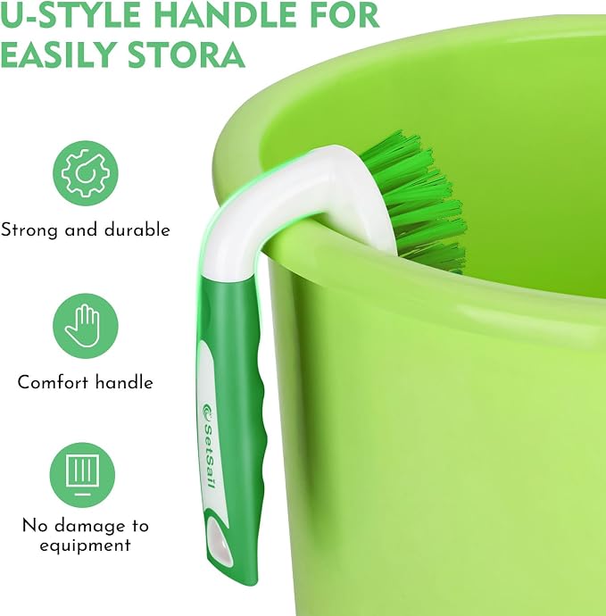 SetSail Scrub Brush, Stiff Bristle Cleaning Scrubber, 2 Pack(Green) | Durable Bristles Ergonomic Non-Slip Tpr Grip. U-Style Hanging Loop for Storage. Use for Shower, Tub, Tile, Kitchen, Carpet.