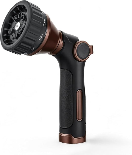 RESTMO Water Hose Nozzle Heavy Duty, Garden Hose Sprayer Thumb Control | Premium Zinc Alloy Metal, 8 Spray Patterns, Flow Adjustable, for Outdoor Plants & Lawns Watering, Cars & Pets Washing, Brown