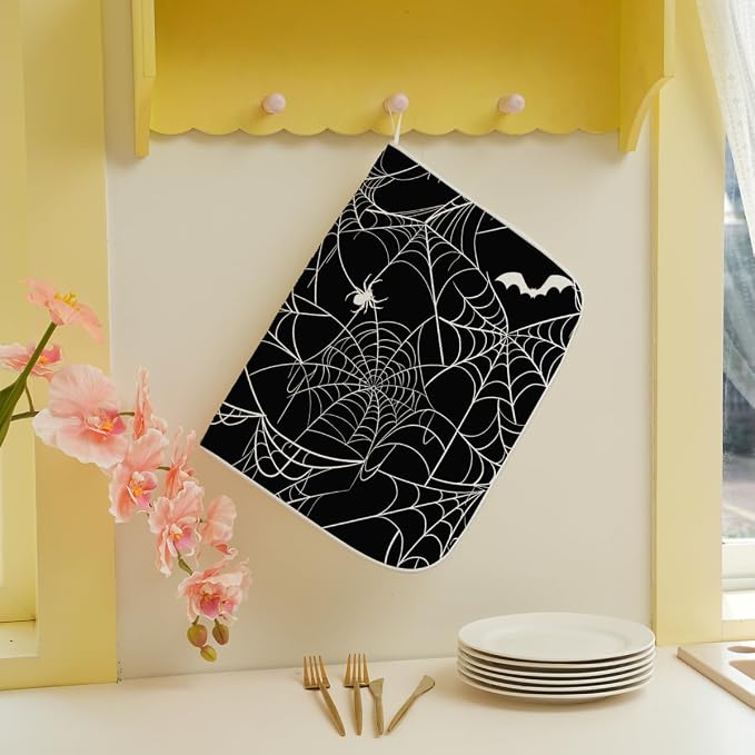 Halloween Dish Drying Mat 18 x 24 Inch Bat Spider Web Drying Mat for Kitchen Counter Absorbent Spiders Black Dishes Dry Pad for Drainer Rack Kitchen Fast Dry