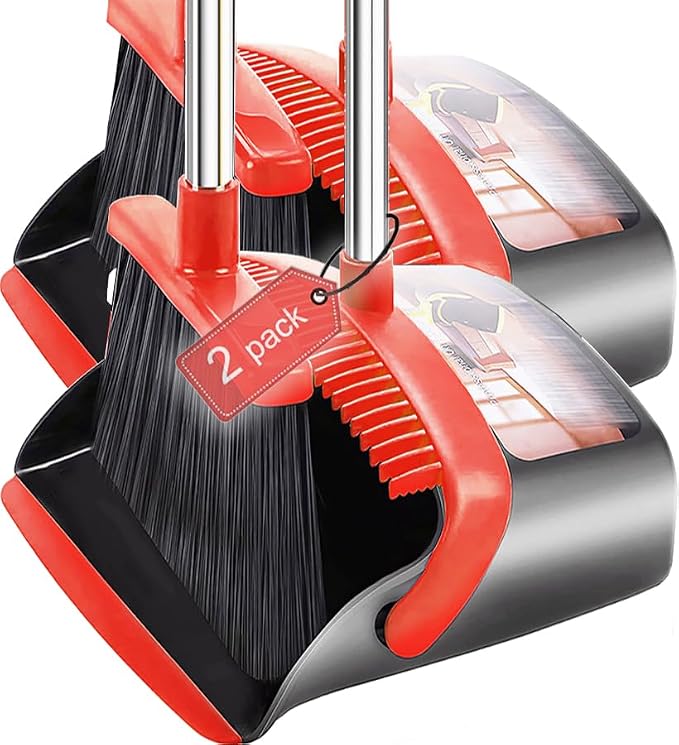 2-Pack is More economical,Brooms with Dustpan Combo Set， with 52" Long Handle, Dustpan Teeth with self-Cleaning Function, Indoor and Outdoor Sweeping, Perfect for Home Office (Large/Red /2-Pack)