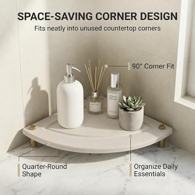 Corner Counter Shelf, Water Absorbing Stone Drying Tray Mat for Kitchen & Bathroom Sink, Diatomaceous Gold Faucet Coaster Soap Dish Rack Riser Dispenser Sponge Holder, Beige, 8.5" x 8.5"