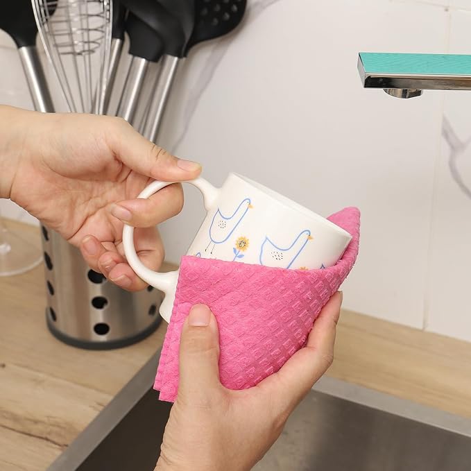 MoLKENE Swedish Dishcloths for Kitchen | 6 Pack Absorbent Cellulose Sponge Cloths Washable | Non-Scratch Reusable Paper Towels Quick Drying Cleaning Cloths - Pink