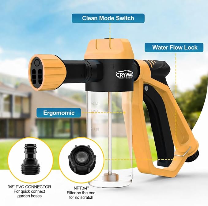 Car Wash Foam Gun, with Microfiber Wash Mitt, Extra Nozzle | High Pressure Nozzle & 3 Spray Modes, Foam Cannon Car Wash Kit for Garden Hose, for Cars, Trucks, RV, Motorcycle Cleaning