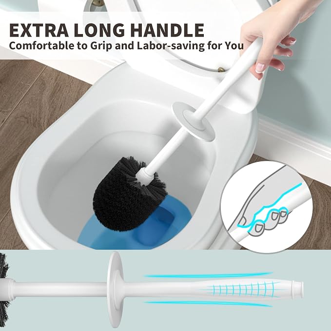 Toilet Brush, Toilet Bowl Brush with Extra Long Handle Durable Bristles Toilet Scrubber and Covered Holder for Toilet Brush Set for Bathroom Cleaning (White, 1 Set)