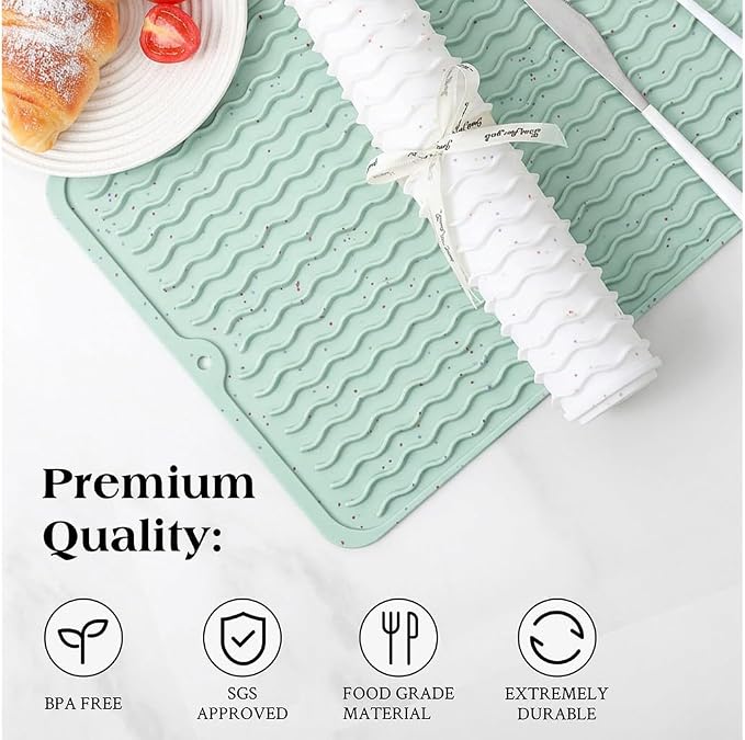 CAKETIME 2 Pack Multicolor Silicone Dish Drying Mat for Kitchen Counter Placemats Cooking Must Haves Household Dining Finds Simple Bathroom Dryer Rubber Work Place Covers 15"x11.5" Green