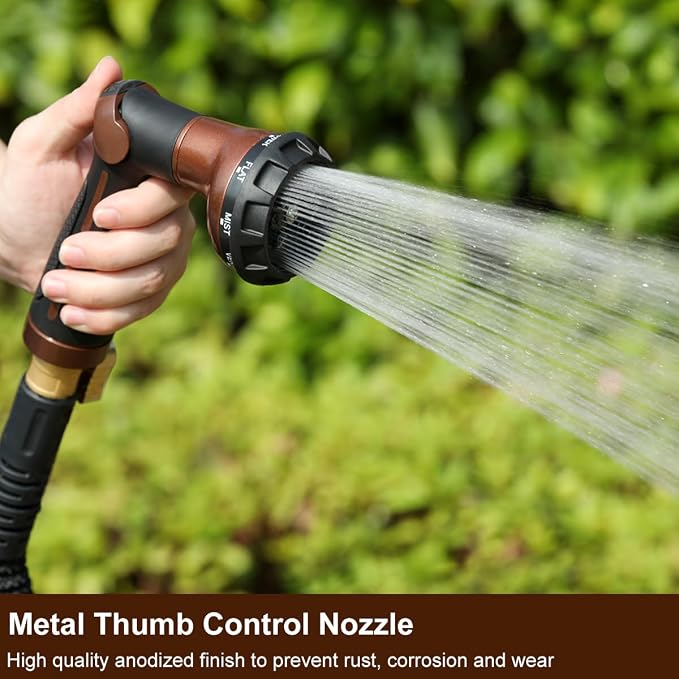 FANHAO Heavy Duty Garden Hose Nozzle, Metal Hose Sprayer Easy Thumb Control | 8 Spray Patterns, Rustproof Water Nozzle, Non-Slip Ergonomic Grip, Elder & Child Friendly for Garden, Car & Pet, Brown