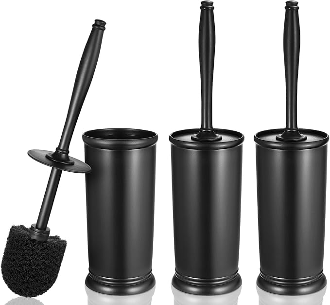 HAMITOR Toilet Bowl Brush Holder Set: Classic Round Bristle Head Deep Cleaning Cleaner Scrubber with Tall Caddy for Restroom - Home Bathroom Decor Accessories - Black 3 Pack