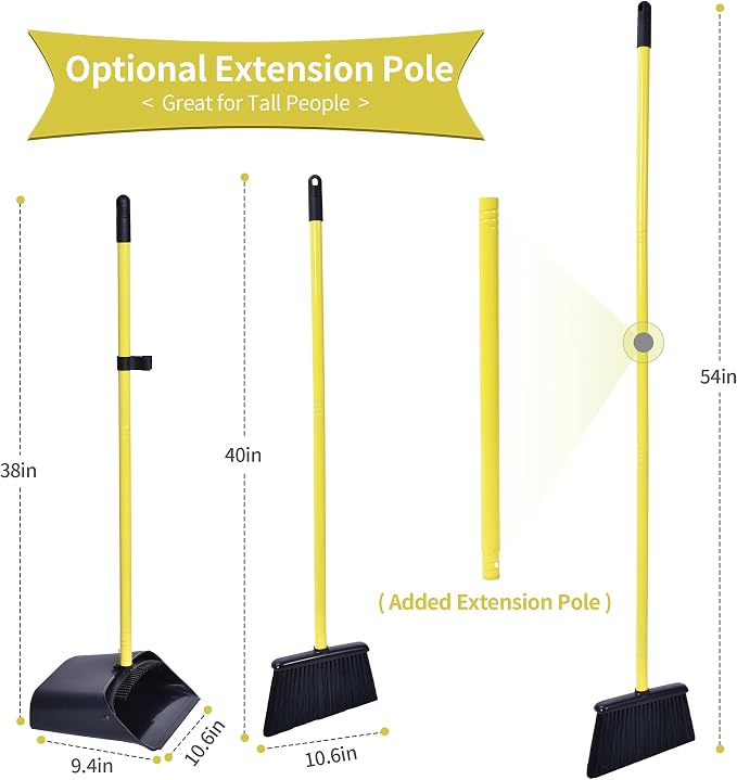 Long Handled Dustpan and Brush, Broom and Dustpan Set, Household Dust pan Combo with 54 Inch Handle for Indoor Outdoor Household Cleaning and Sweeping (Black)