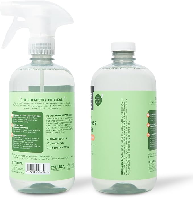 Better Life All Purpose Cleaner - Multipurpose Home and Kitchen Cleaning Spray for Glass, Countertops, Appliances, Upholstery & More - Multi-surface Spray Cleaner - 24oz (Pack of 2) Clary Sage/Citrus