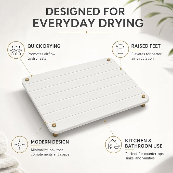 Razborci Stone Dish Drying Mat for Kitchen Counter, Water Absorbing Bathroom Tray Sink Organizer, Diatomaceous Earth Countertop Dish Rack Riser Sponge Holder Soap Dish, Gold White, 16" x 12"
