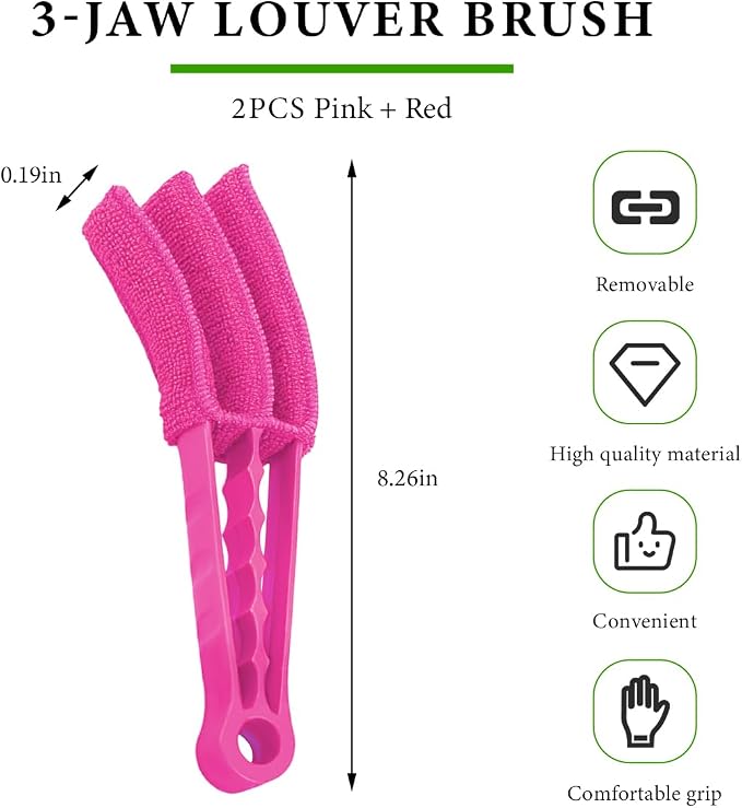 DXNQ 2 PCS Blind Cleaner Duster Tool, Window Venetian Hand-held 3 Arm Dusting Cleaner Brush, Blinds Cleaning Brush Tool for Window Shutters Air Conditioner, Car Accessories (Red+Pink)