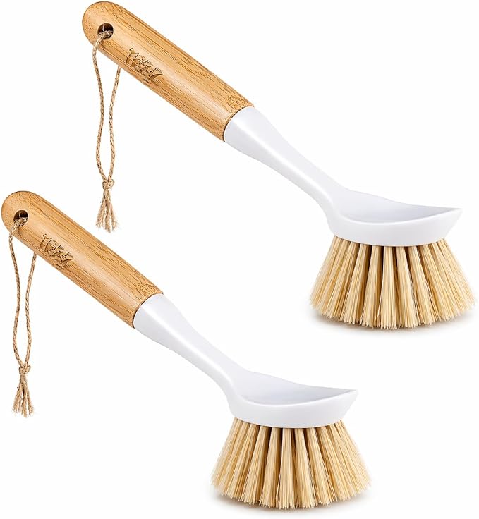Kitchen Dish & Cast Iron Brush with Scraper, [2 Pack] Skillet Scrub Cleaner with Handle, Kitchen Cleaning Scrubber for Dishes, Pots, Cast Iron Skillet, Non-Stick Frying Pans, Sinks and House Cleaning