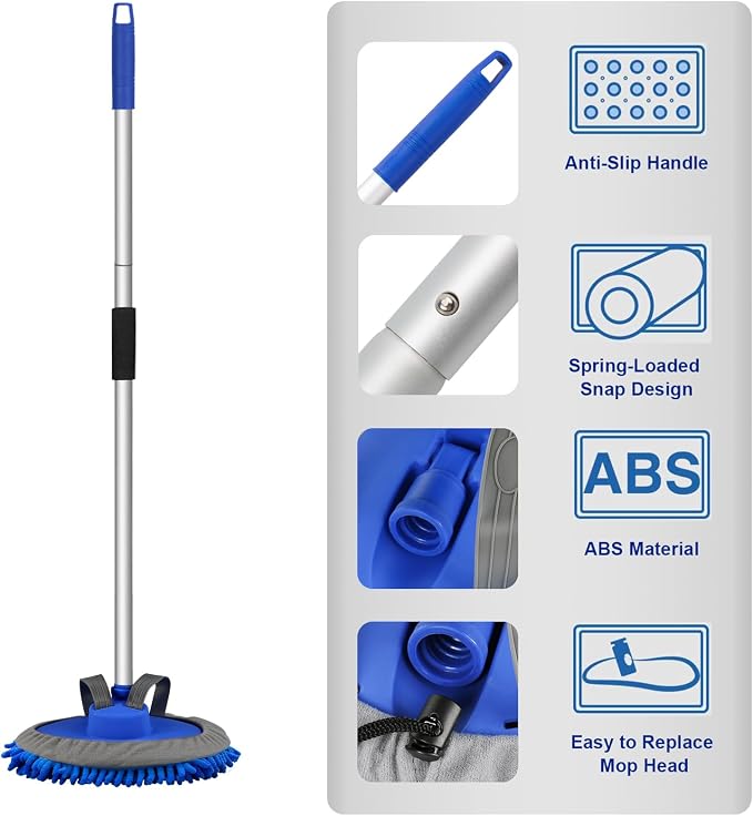 anngrowy 62" Microfiber Car Wash Brush with Long Handle Car Washing Mop Kit Mitt Sponge Car Cleaning Supplies Kit Duster RV Washing Car Brush Accessories, 1 Chenille Scratch-Free Replacement Head