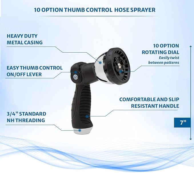 Morvat Garden Hose Nozzle Sprayer with 10 Spray Patterns, Slip Resistant Thumb Controlled Grip with On/Off Lock, Heavy-Duty High Pressure Water - Flow Control for Plants, Lawn, Pets, Cars - 2-PACK