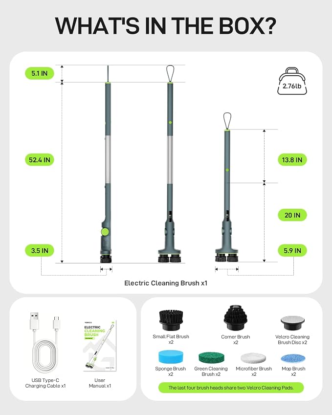 Electric Cleaning Brush, Dual Head Power Brush Scrubber with Infrared Control, 8-in-1 Cordless Power Scrubber for Bathroom & Shower, Electric Scrubber with Adjustable Handle for Bathtub, Tile, Floor