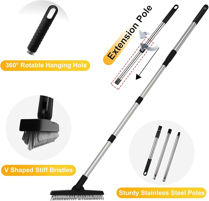 2 Pack Grout Brush with Long Handle, Swivel Cleaning Grout Line Scrubber - Extendable Durable Handle Grout Cleaner Brush for Bathroom,Tile,Baseboard,Walk in Shower,Corner & Narrow Space (Black)
