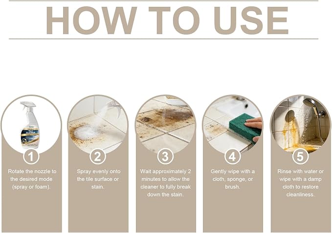 Grout & Tile Cleaner Spray 10.14 fl.oz with Sponge, Foam | Acidic foam spray for ceramic and porcelain tile grout, helps clean hard water and rust stains, includes sponge, dual nozzle