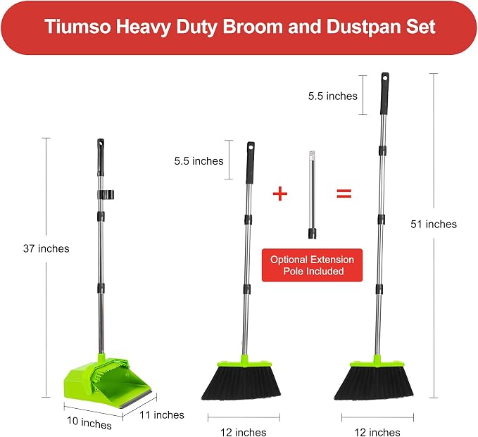 Broom and Dustpan Set for Home, 51" Long Handle Standing Pan Light Green | Self-Cleaning Dust Pan and Brooms, ZeroGap Lip, Upright Storage Broom Combo for Kitchen Lobby Office Restaurant Indoor