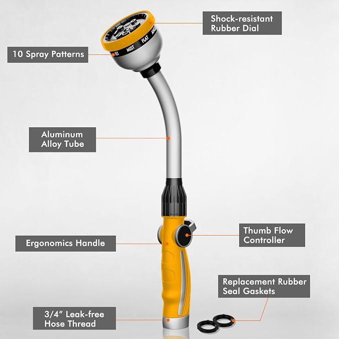 RESTMO Watering Wand Heavy Duty, 15-Inch Long Hose Nozzle Sprayer | 10 Spray Patterns & Thumb Flow Control, Metal Garden Hose Wand for Water Hanging Baskets and Shrubs, Yellow