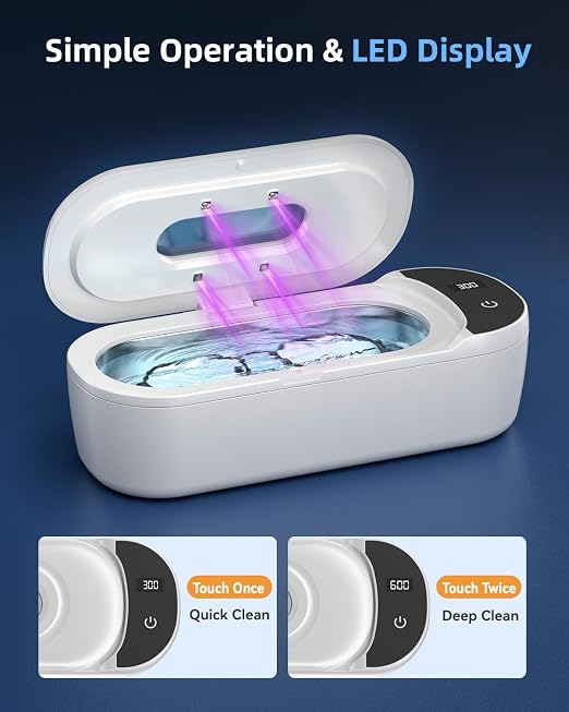KUNPHY Ultrasonic Jewelry Cleaner, 400ml Sonic Cleaner for Rings, Glasses | 4 LED Light & Display, 48kHz Ultrasonic Cleaner, 400ml 304 Tank, Quiet 45dB, Dual 5/10min Timers, Overheat Protection, White
