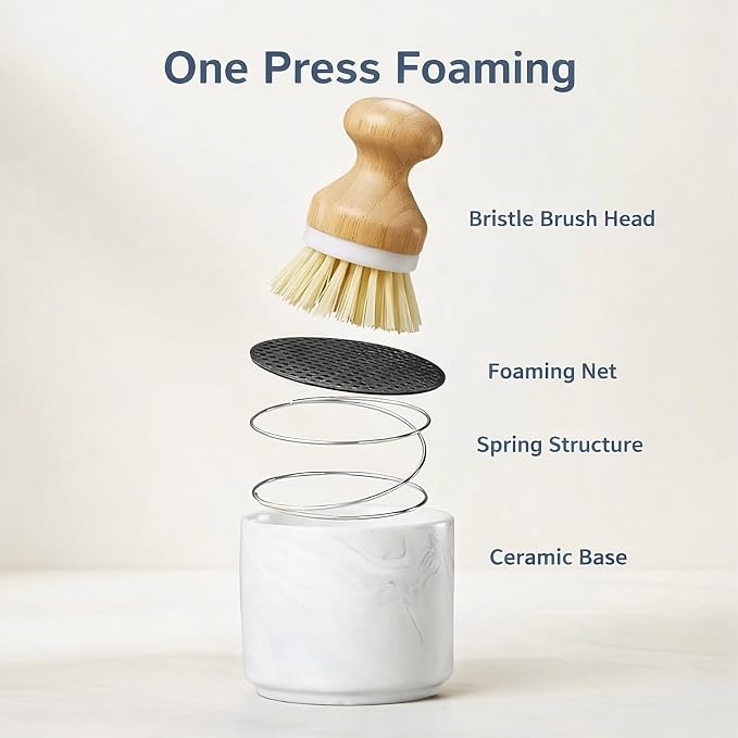 ONEMORE Bamboo Dish Brush with Ceramic Foaming Base, Kitchen Sink Scrub Brush Set with Spring and Mesh Insert, Wooden Handle Dishwashing Brush for Pots Pans Plates Bowls, Marble