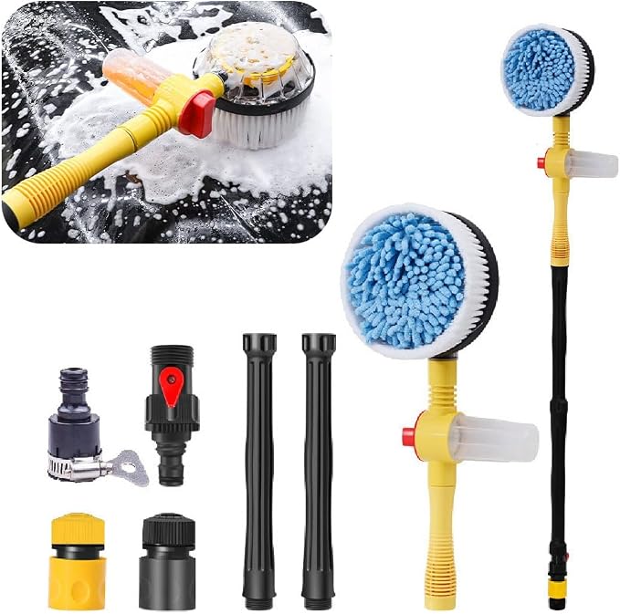 povtii Rotating Car Wash Brush, 360° Spin Auto Cleaning Brush with Long Handle, Detachable Washing Brush with Soft Chenille Bristles Universal for Most Vehicles, Car Accessories (Brush)