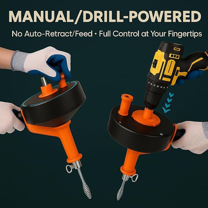 42 FT Drain Snake Hair Drain Clog Remover, Manual Or Powered, Plumbing Snake With Drill Adapte,Unclog Sink Drain Tool, Drain Auger for Toilet、Shower、Kitchen、Sink, No Auto Retract Or Feed, Orange