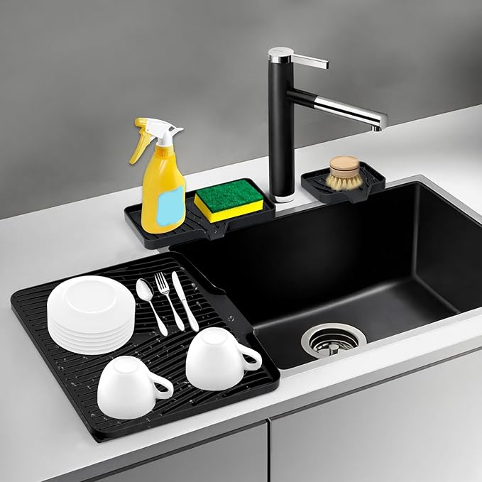 Silicone Dish Drying Mat for Kitchen counter, 19.7"x17" Extra Large Non-Slip Drain Pad with Built-in Drainage, Heat Resistant Dishwasher Safe, Black
