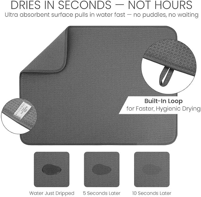 Bellemain XL Dish Drying Mat 18" X 24" Super Absorbent Microfiber Dish Drying Mat for Kitchen Counter, Dry Pad for Dishes, Utensils, Pots and Pans (DARK GRAY)