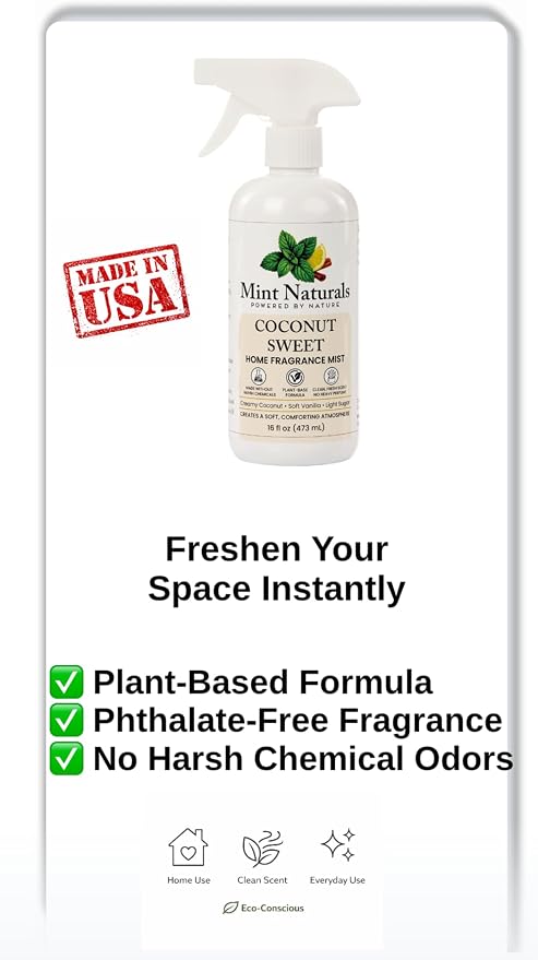 Natural Coconut Room Spray & Odor Eliminator, Creamy Coconut, 16oz | Creamy Coconut Fragrance Mist, Plant-Based, Non-Toxic, Home Office Car Bathroom, Made in USA by Mint Naturals
