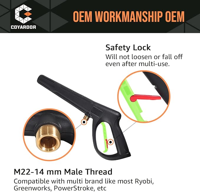 Pressure Washer Gun with Extension Wand M22-14 & M22-15 Fitting | 5 Spray Nozzle Tips Replacement for Ryobi, Karcher, Powerstroke, Greenworks, and More Electric Power Washer