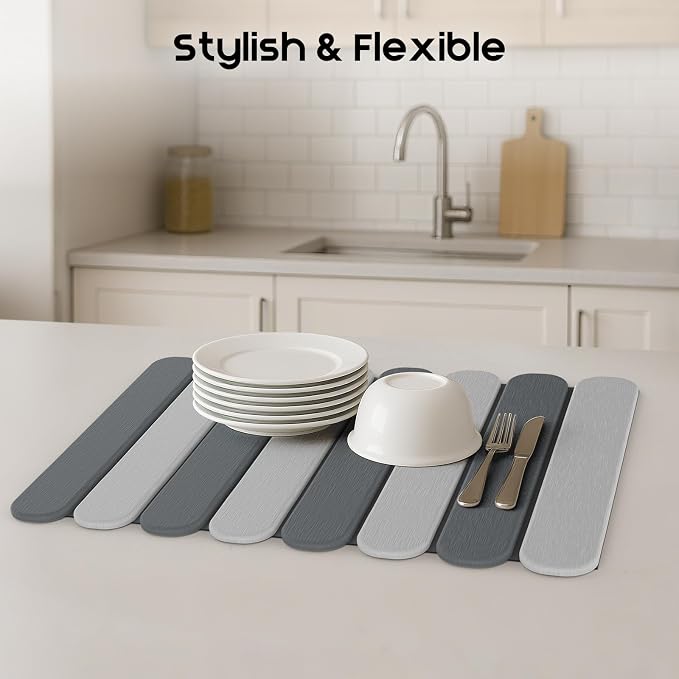 ArtyCozy Large Stone Dish Drying Mats with Non-Slip Rubber Back for Kitchen Counter, 24"×16", Space-Saving Foldable Quick Dry Absorbent Diatomaceous Earth Mat Dishes Bottles Cups Any Countertop