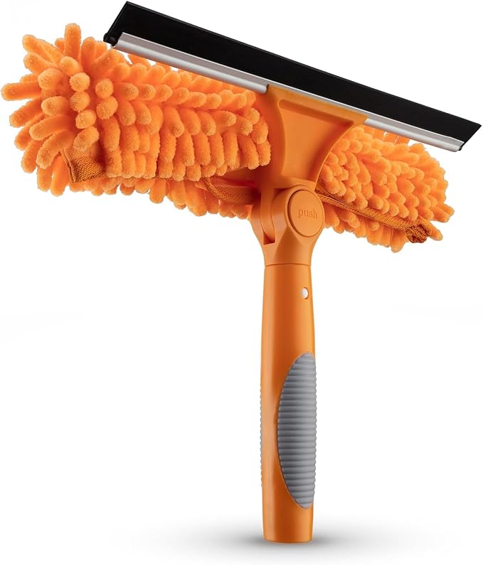 Window Squeegee and Microfiber Scrubber 2-in-1 Combo (Pole Sold Separately) | Multi-Angle Window Cleaning Tool // Window Washing Equipment for Solar Panel and RV Windshield // Threaded Window Cleaner