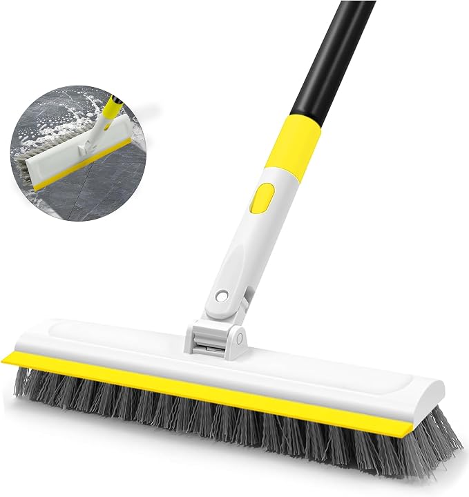 Floor Scrub Brush with 180° Rotating 50" Long Handle for Cleaning, 2 in 1 Scrape Scrubber Brush with Squeegee, Tile Tub Scrub Brushes Attachment for Clean Bathroom Deck Kitchen and Floor Wall