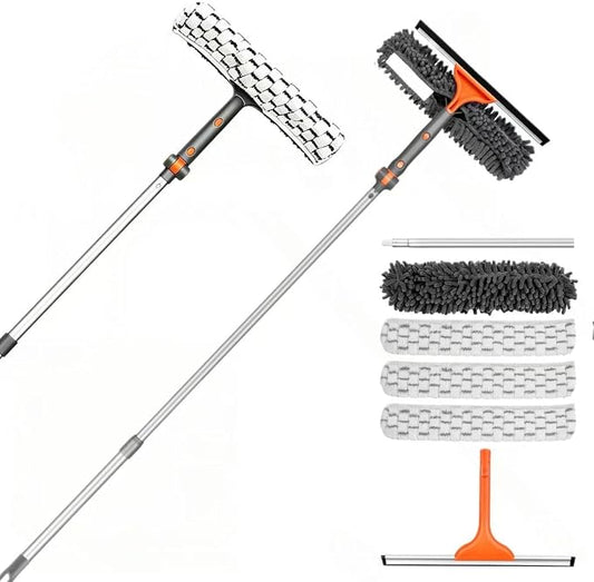 LEVELEVE 2-in-1 Window Squeegee for Home, 62" Extension Pole Window Cleaning Kit with Bendable Head, Professional Window Washing Equipment for High Indoor Outdoor Glass & Car (with 4 Cleaning Cloth)