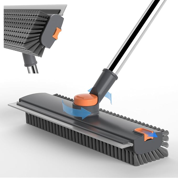 Pool Scrub Brush with 52" Pole, 3 in 1 Pool Cleaning Brush with Squeegee, Floor Scrub Brush with Long Handle, Deck Brush for Swimming Pool Tile Wall Patio Concrete Gray