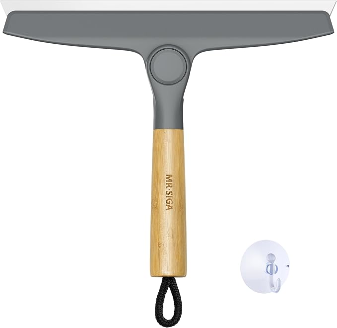 MR.SIGA Silicone Squeegee for Shower Door, Mirror, Glass, 10 inch, Gray | Streak free shower squeegee for windows, showers and glass surfaces, pivoting bamboo handle, includes 1 suction hook