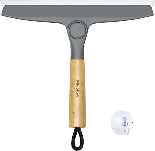 MR.SIGA Silicone Squeegee for Shower Door, Mirror, Glass, 10 inch, Gray | Streak free shower squeegee for windows, showers and glass surfaces, pivoting bamboo handle, includes 1 suction hook