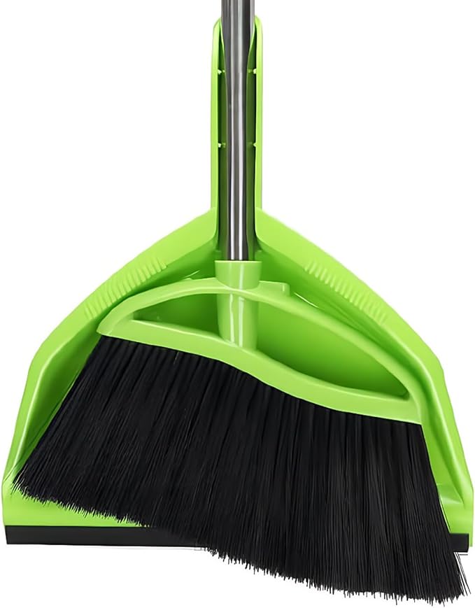 Soft Bristles Green Angle Broom and Dustpan Set, Long Handle Household Indoor Broom with Dustpan Combo Set for Room Kitchen Lobby Office Hardwood Floor Sweeping Floor Cleaning