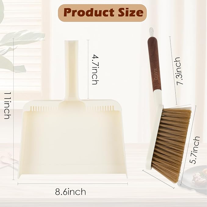 Hand Broom and Dustpan Set,Portable Small Dustpan and Brush Set with Sapele Wood Handle,Teeth Design,Compact Hangable Broom with Dustpan for Cleaning Desktops Kitchen Sofa Pet Hair,Beige