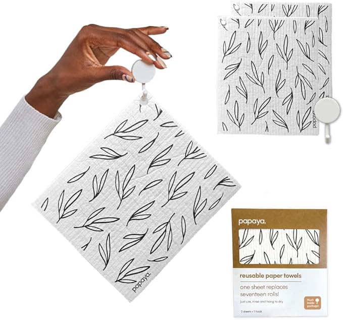 Papaya Swedish Dishcloths for Kitchen, 2 Reusable Paper Towels, 1 Hook