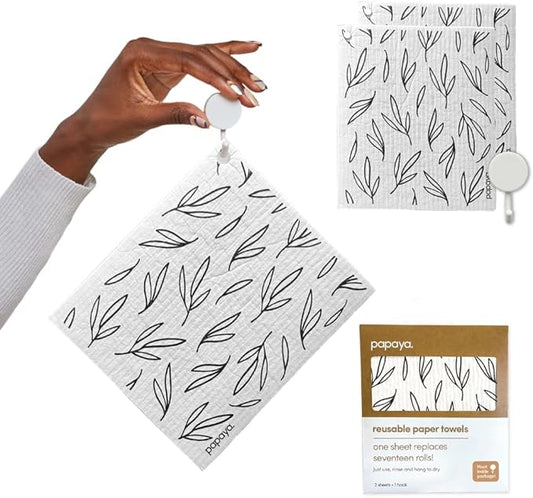 Papaya Swedish Dishcloths for Kitchen, 2 Reusable Paper Towels, 1 Hook